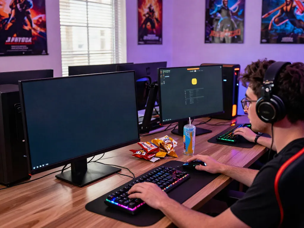 Visualisasi pemain JPTOTO yang terlibat dalam permainan slot online dengan peralatan gaming lengkap.