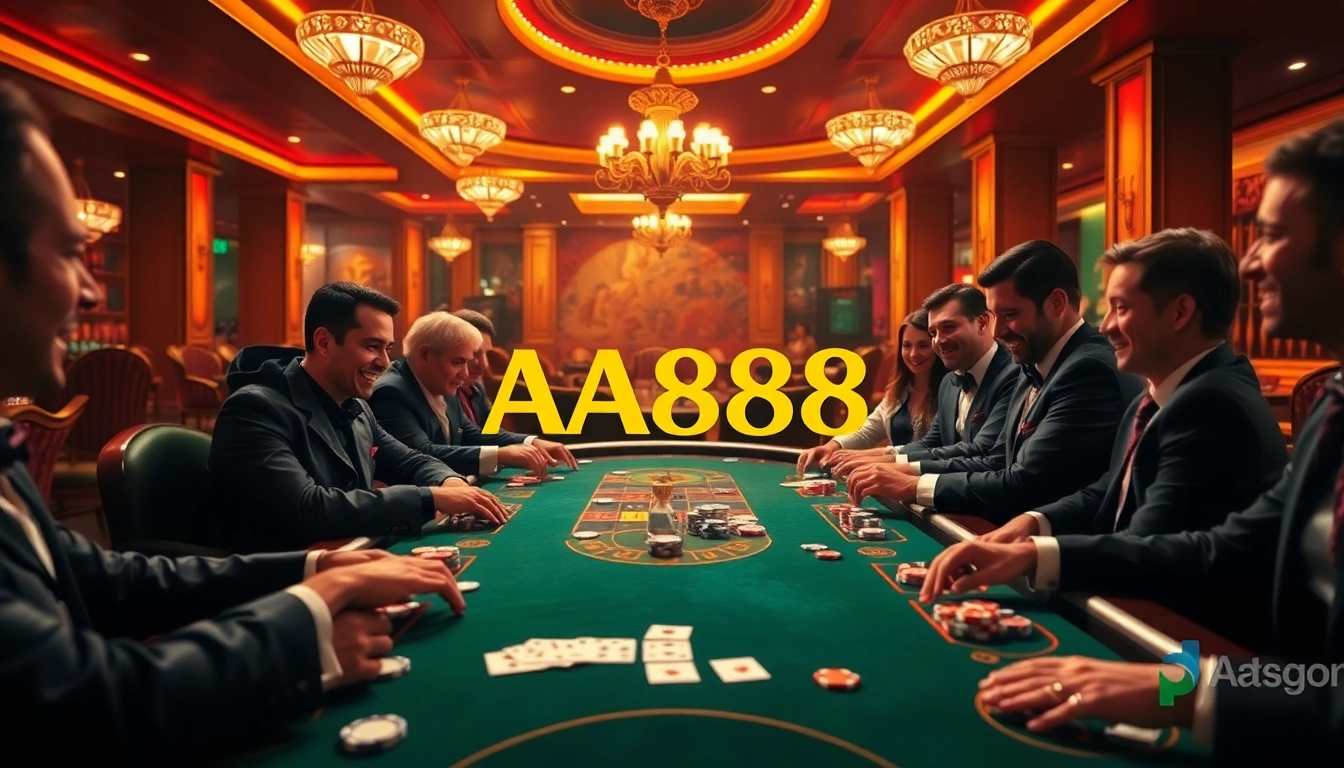 Experimente jogabilidade emocionante na mesa de poker luxuosa da AA888, cercada por jogadores empolgados e uma atmosfera vibrante.