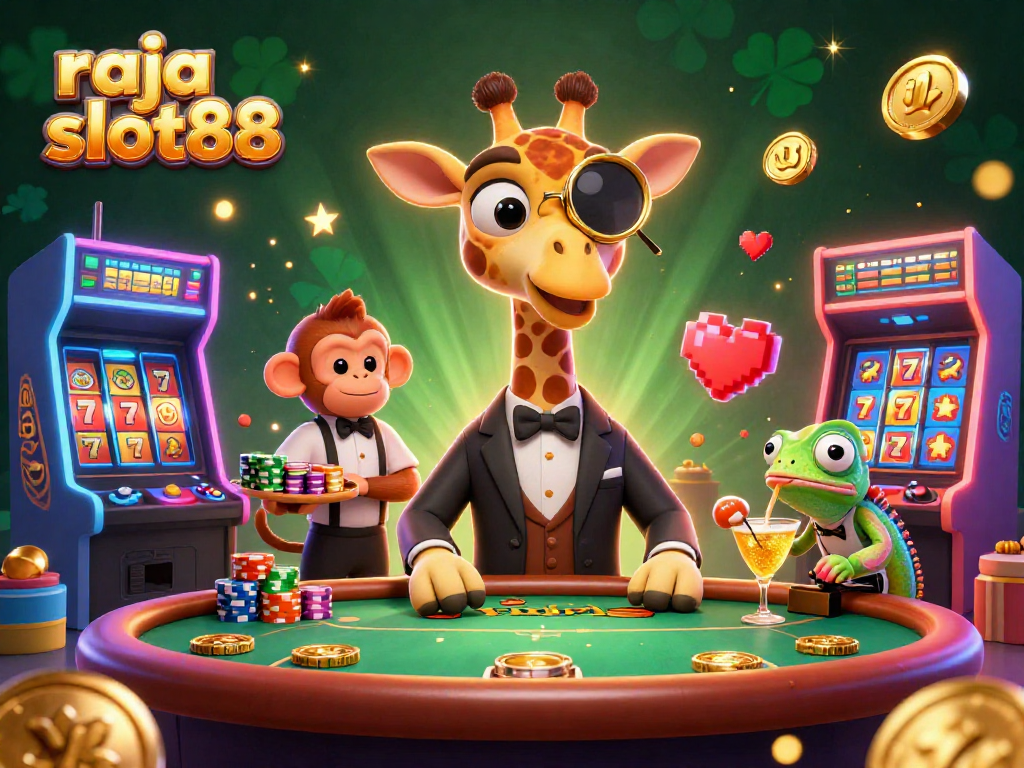 Experience winning at raja slot88 through a vibrant casino scene with a high roller giraffe.