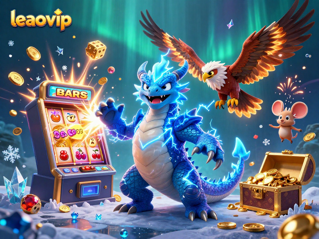 Engage with leaovip's vibrant slot gaming experience featuring a thunder dragon and jackpot symbols.