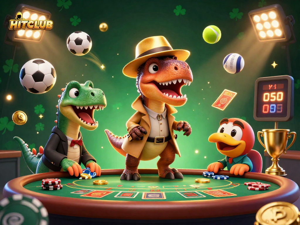 Experience the excitement at HITCLUB with a dynamic casino scene featuring cartoon dinosaurs and sports elements.