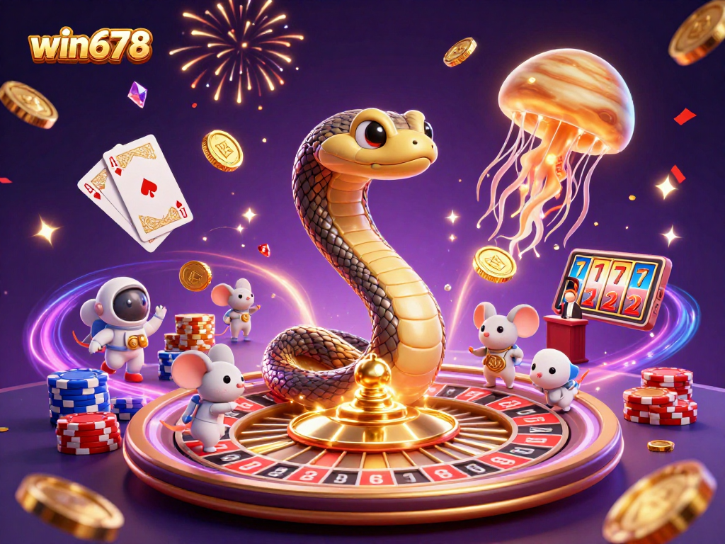Place bets with win678 in a cosmic casino featuring a Saturn ring snake and firework celebrations.