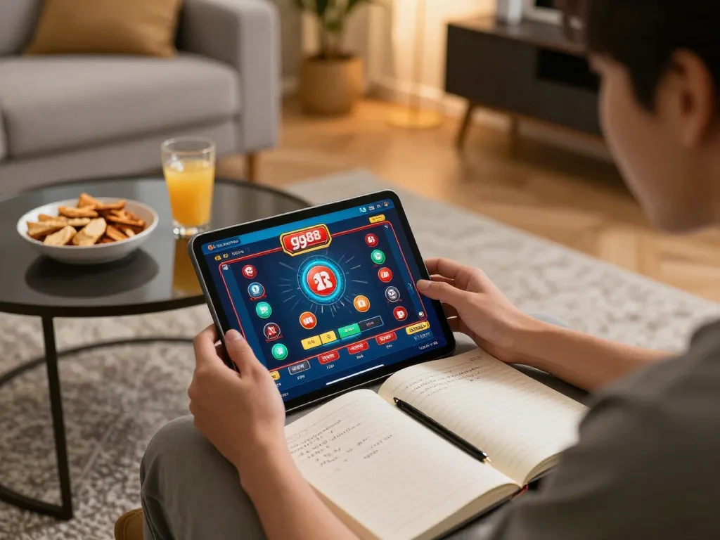Player engaged in online gg88 casino gaming on tablet with strategic notes and snacks around