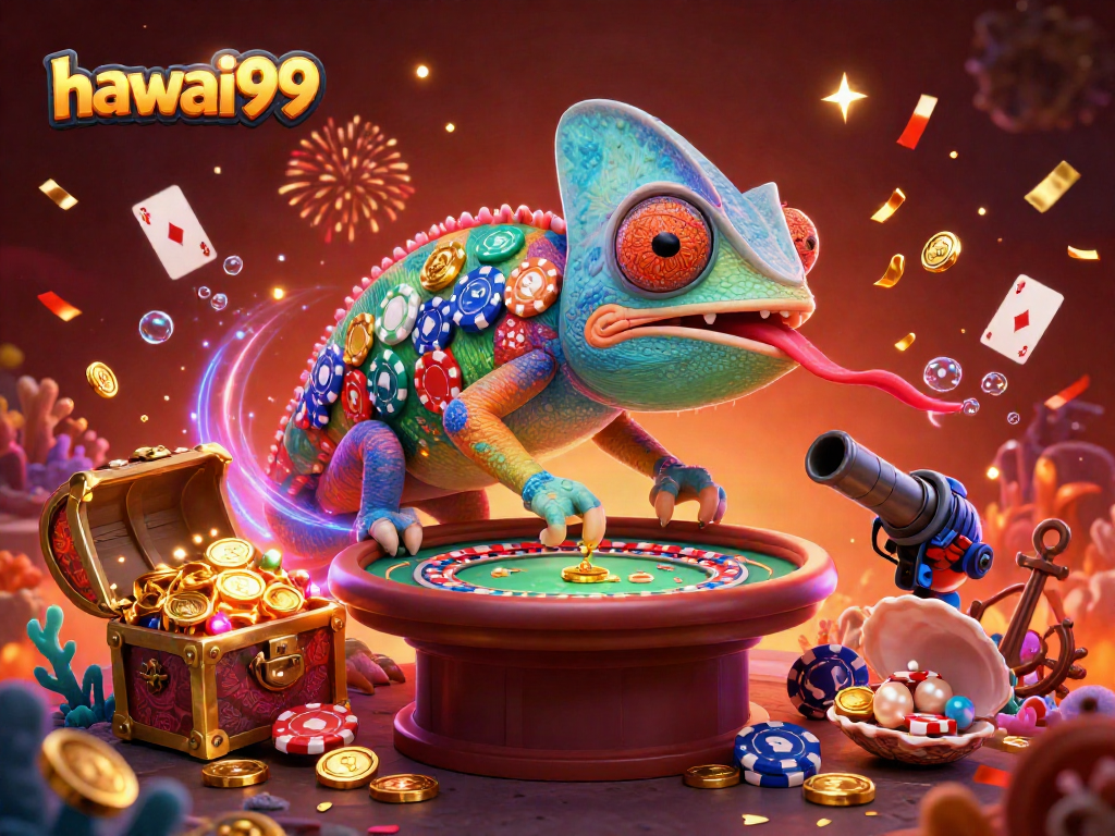 Engage with hawai99, a vibrant 3D casino scene featuring a colorful chameleon owner amidst floating treasures.