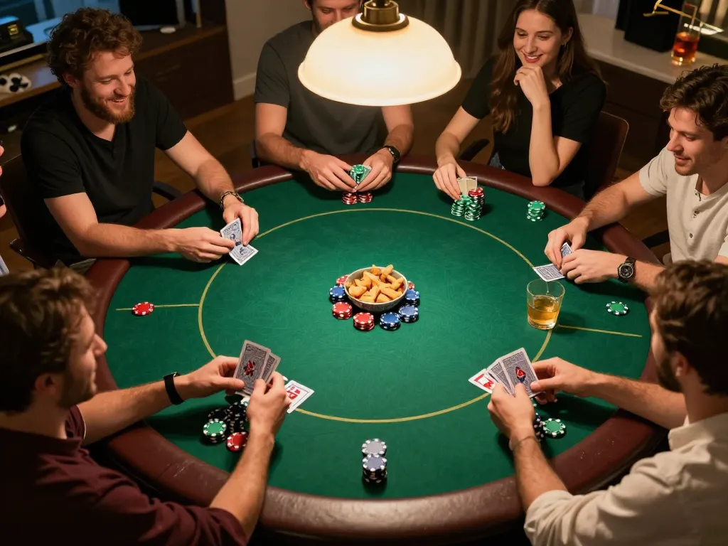 Players enjoying a friendly poker night, showcasing Palm Harbor Divorce Lawyer Shelly Beach's compassion within a strategic and social context.