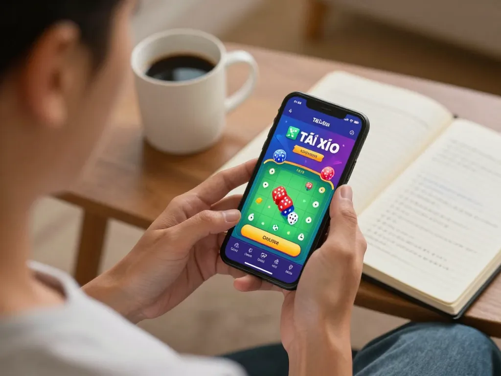 Engaging with the app tài xỉu online, showcasing the game interface and strategic notes in a cozy setting.