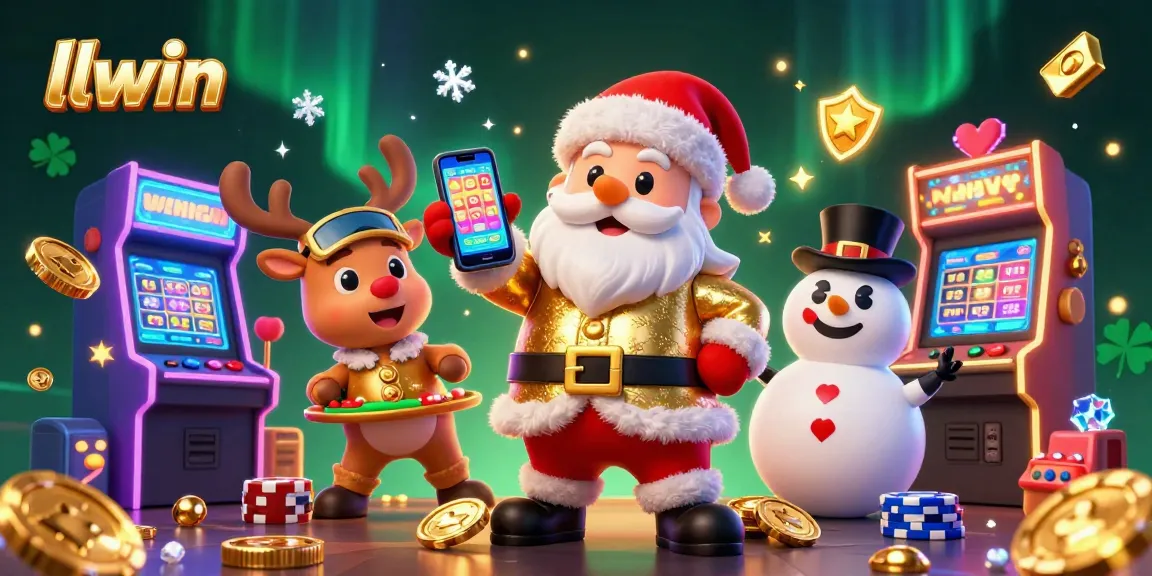 Experience thrilling wins with llwin at a vibrant casino scene filled with festive characters.