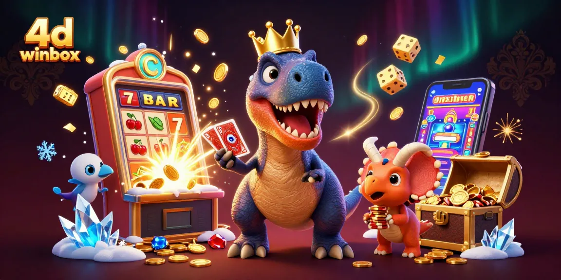 Engage in thrilling gameplay at 4d winbox with a cartoon T-Rex and friends amidst exciting casino elements.