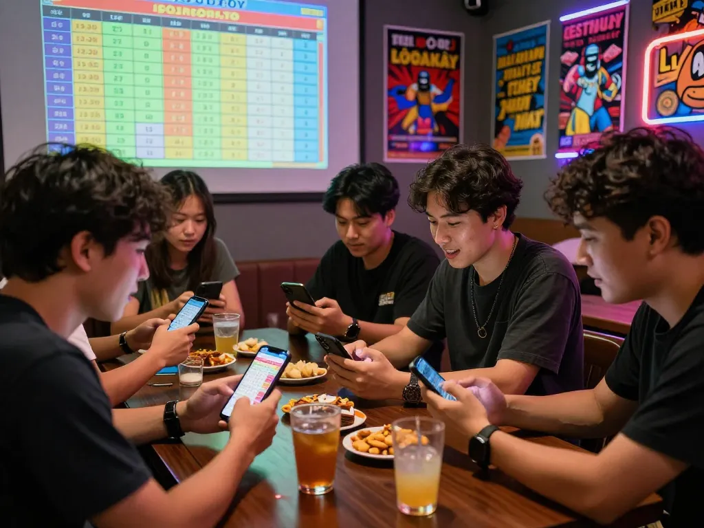 A lively group of friends discussing lô đề hôm nay while enjoying online lottery games, with colorful digital displays in the background.