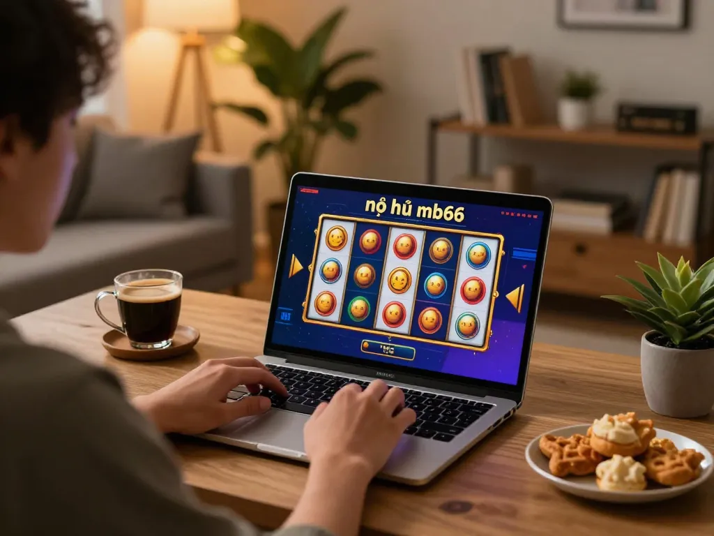 Interactive gameplay of nổ hũ mb66 on laptop at home, creating a cozy online gambling experience.