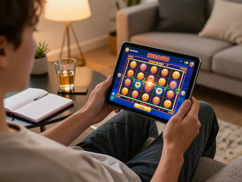 Play free credit mega888 on a tablet while enjoying a cozy home game setup with strategy notes.