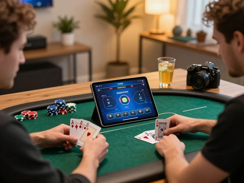 Engaged player strategizing in POKER88 online poker game setup with a tablet and chips.