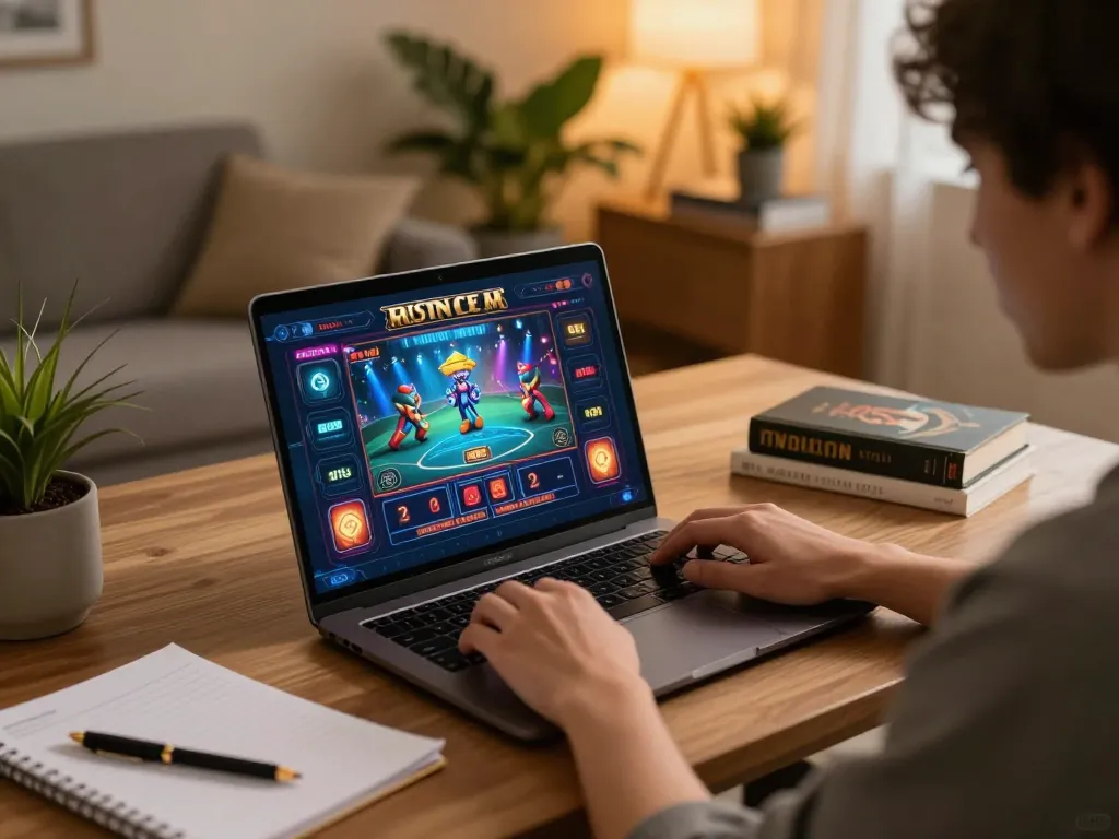 Player enjoying B52 casino gaming on a laptop in a cozy home environment.