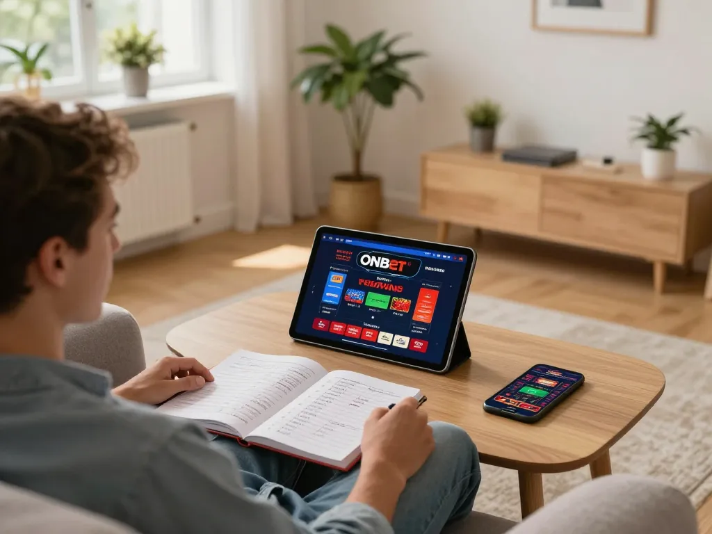Engaging online gaming experience with onbet casino interface displayed on tablet during a cozy evening.