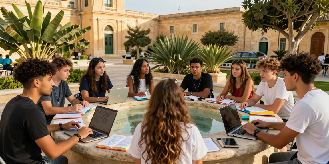 Cursos de inglés en Malta con estudiantes interactuando alrededor de una fuente en una soleada escuela de idiomas.