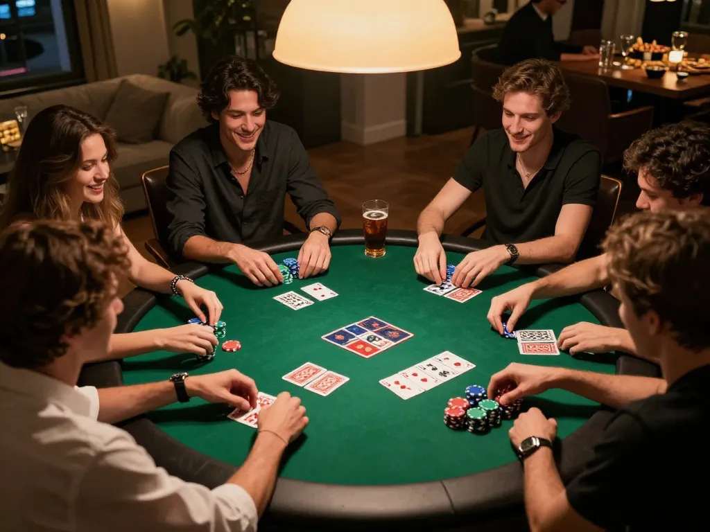 Sunwin poker players strategizing their next move in a friendly home game session