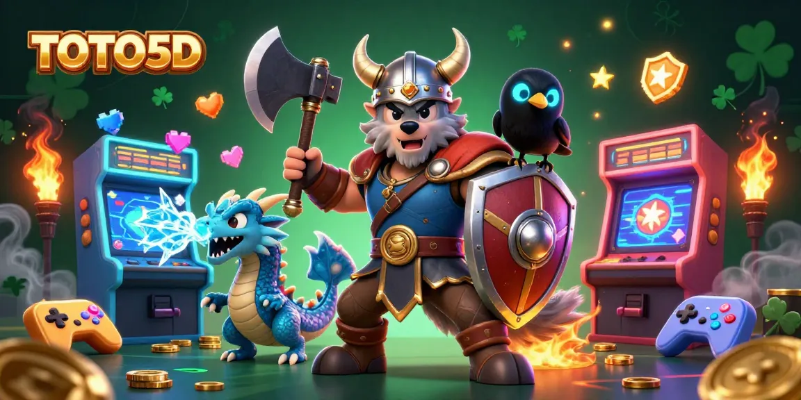 Win exciting rewards with TOTO5D lottery; vibrant gaming scene with cartoon characters.