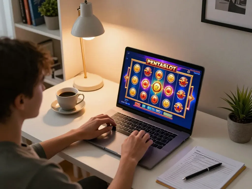 Pentaslot gameplay in a cozy home setting with engaging slot action on screen and strategy notes nearby