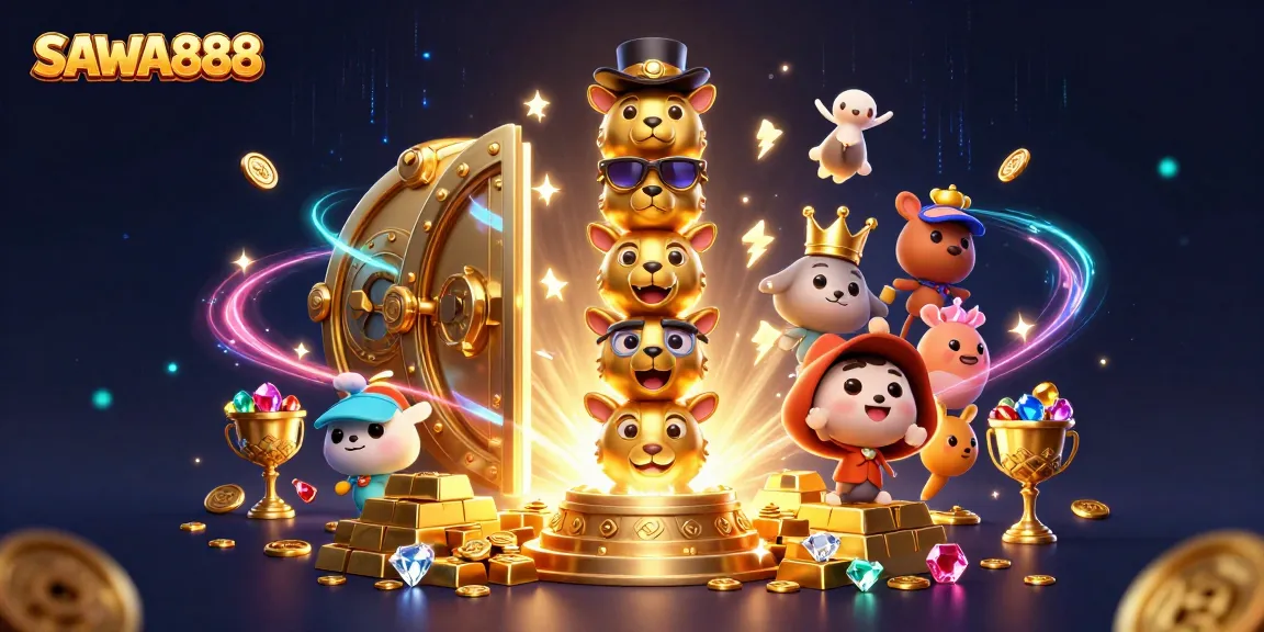 Experience excitement at SAWA888 with a vibrant 3D illustration of a golden totem symbolizing the thrill of winning.