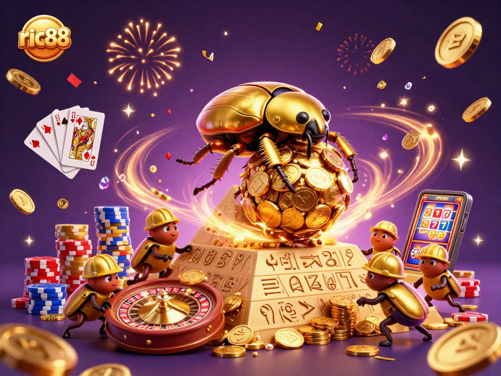 Engage with ric88's vibrant online gaming scene featuring a golden beetle and casino elements.