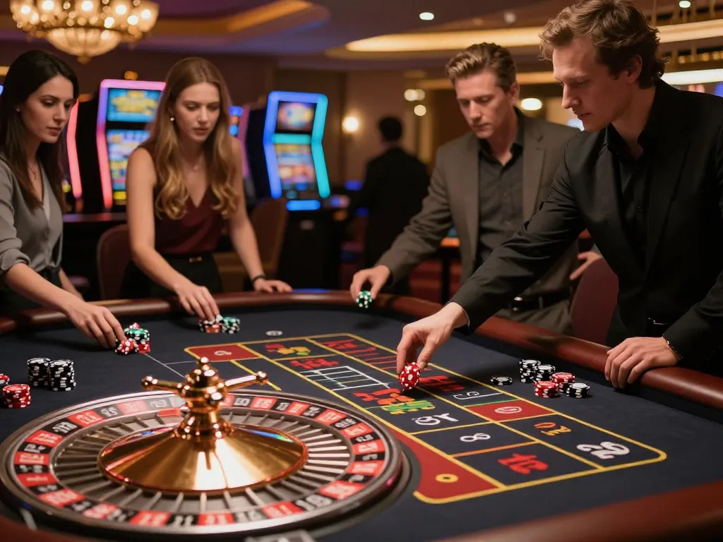 Watch players strategically bet on thabet roulette table in a vibrant casino setting.