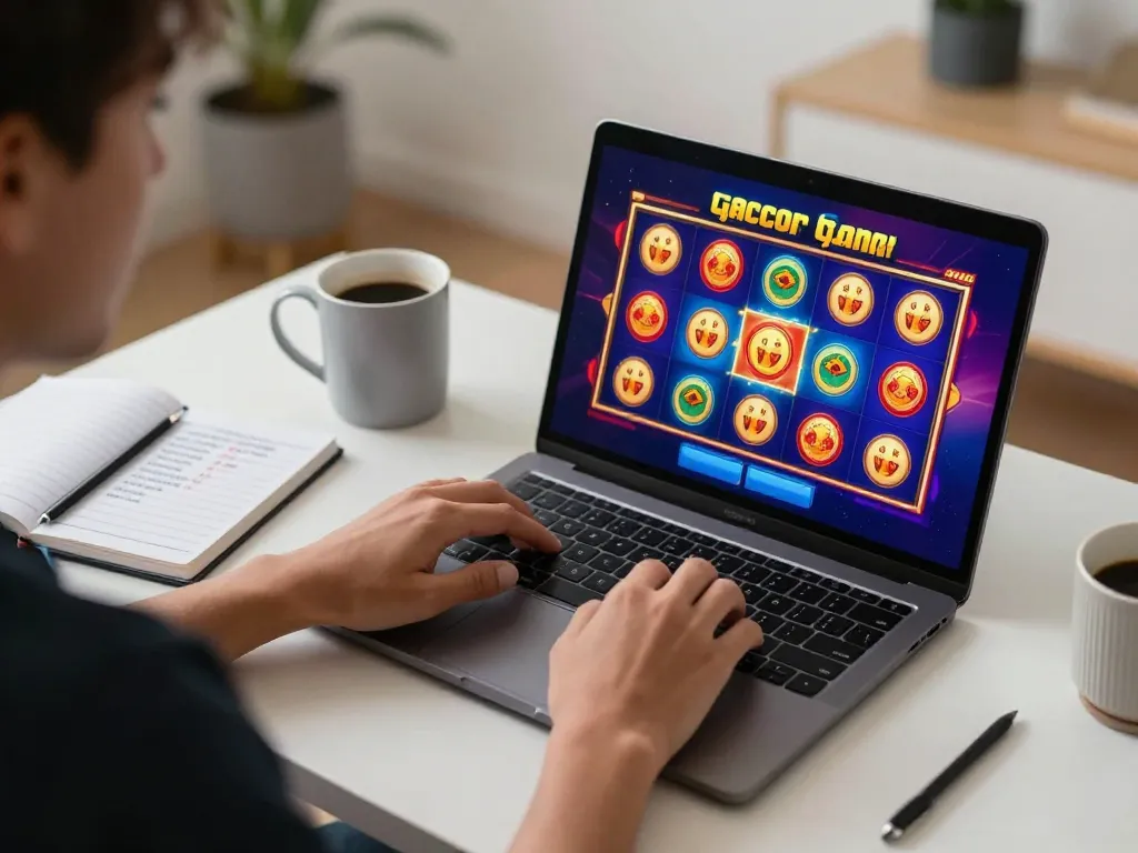 Engaging in slot gacor gameplay on a laptop in a stylish home setup, showcasing vibrant online casino action.