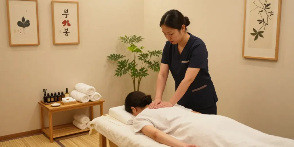 Relaxing 서울출장안마 experience in a serene Seoul spa room with massage table and calming decor.