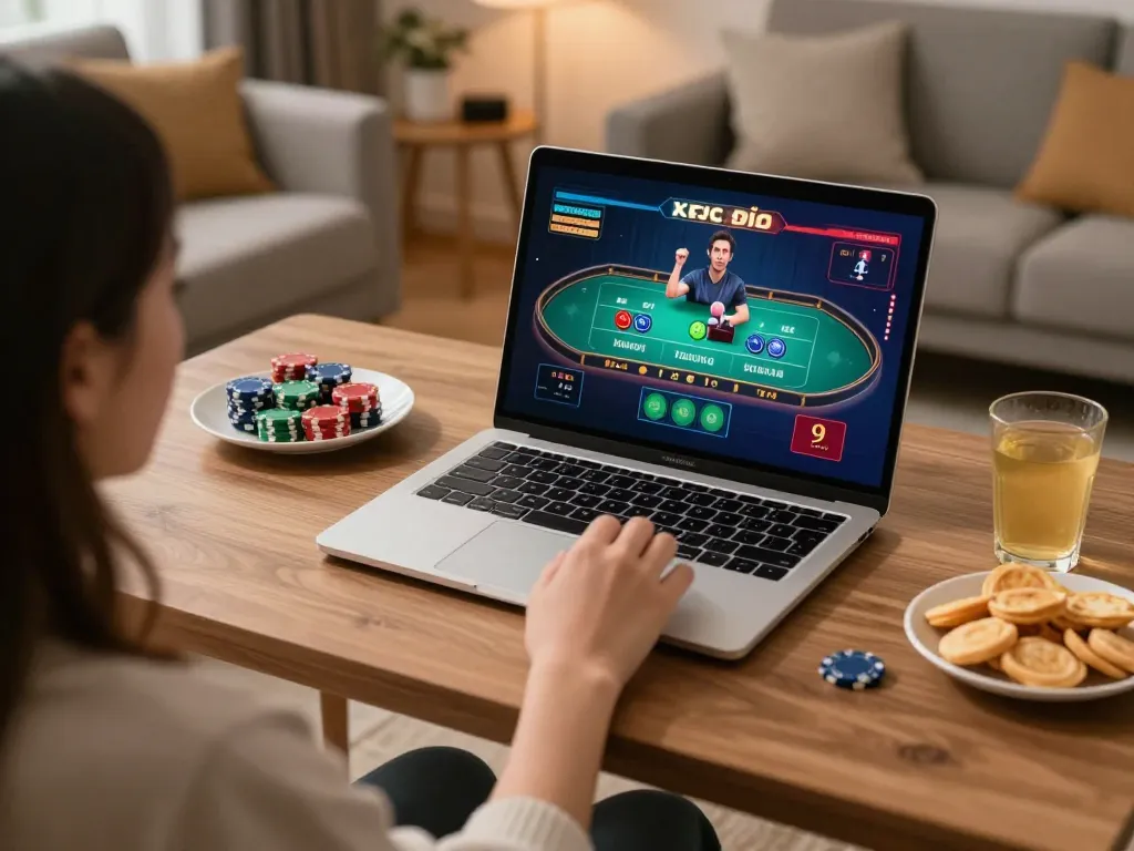 Xóc đĩa online gameplay in a cozy home setup with a laptop and chips on the table.