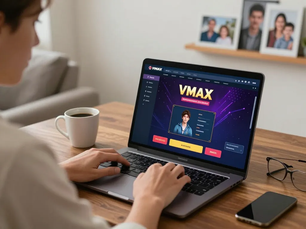 Player enjoying VMAX online casino experience on laptop at home, immersing in gaming.