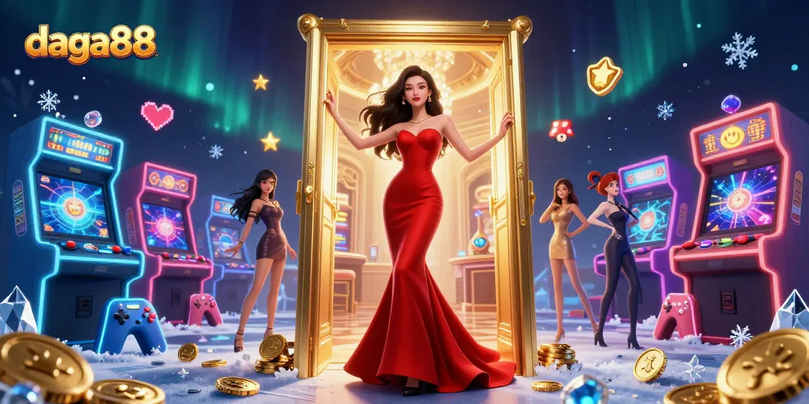 Dive into the exciting games at daga88, featuring a stunning Asian woman welcoming you to a vibrant casino scene.