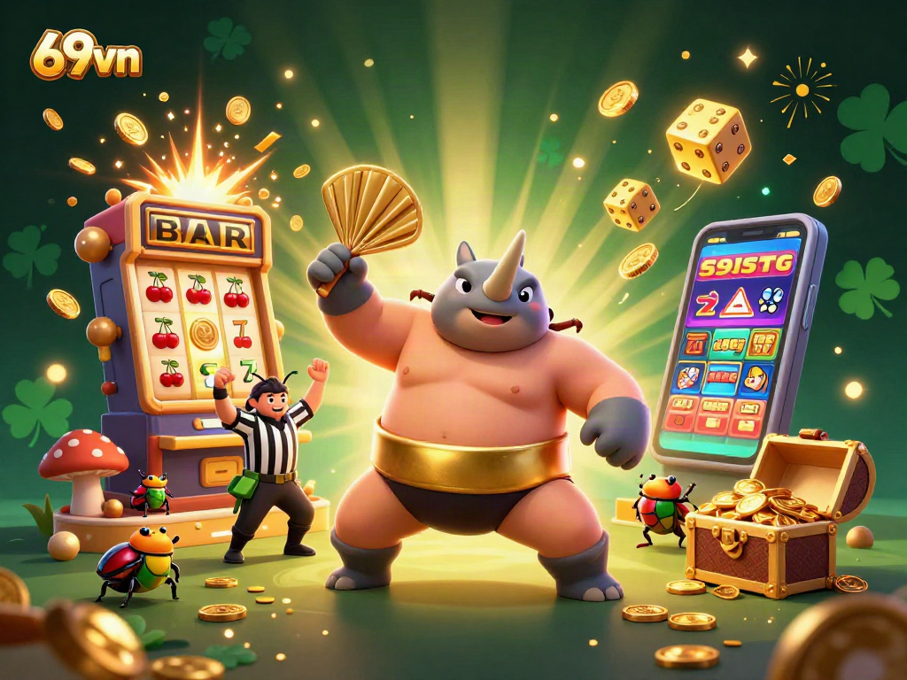 Experience thrilling wins at 69vn with a vibrant cartoon casino-inspired scene filled with action and excitement.