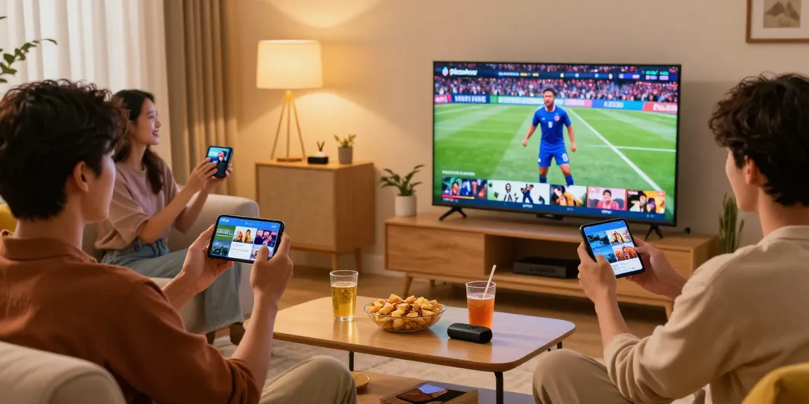 Friends enjoying a movie night at home with the Pikashow app on smart TV and devices.