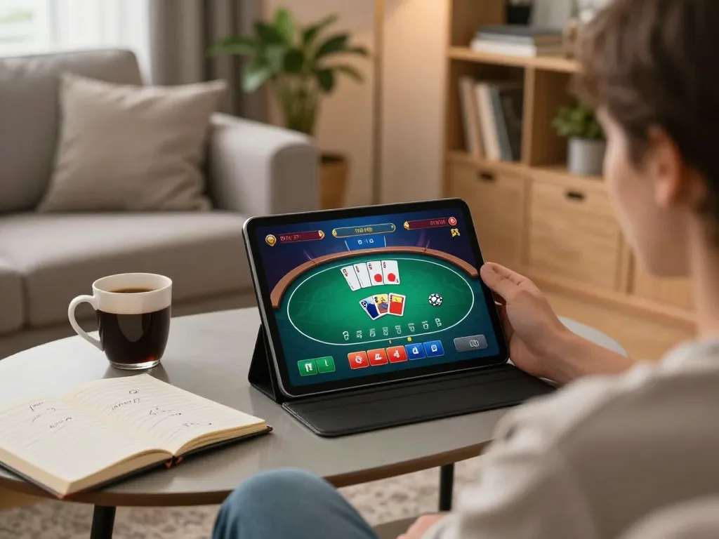 MAY88 online gaming experience with a person engaging in poker strategy at home.