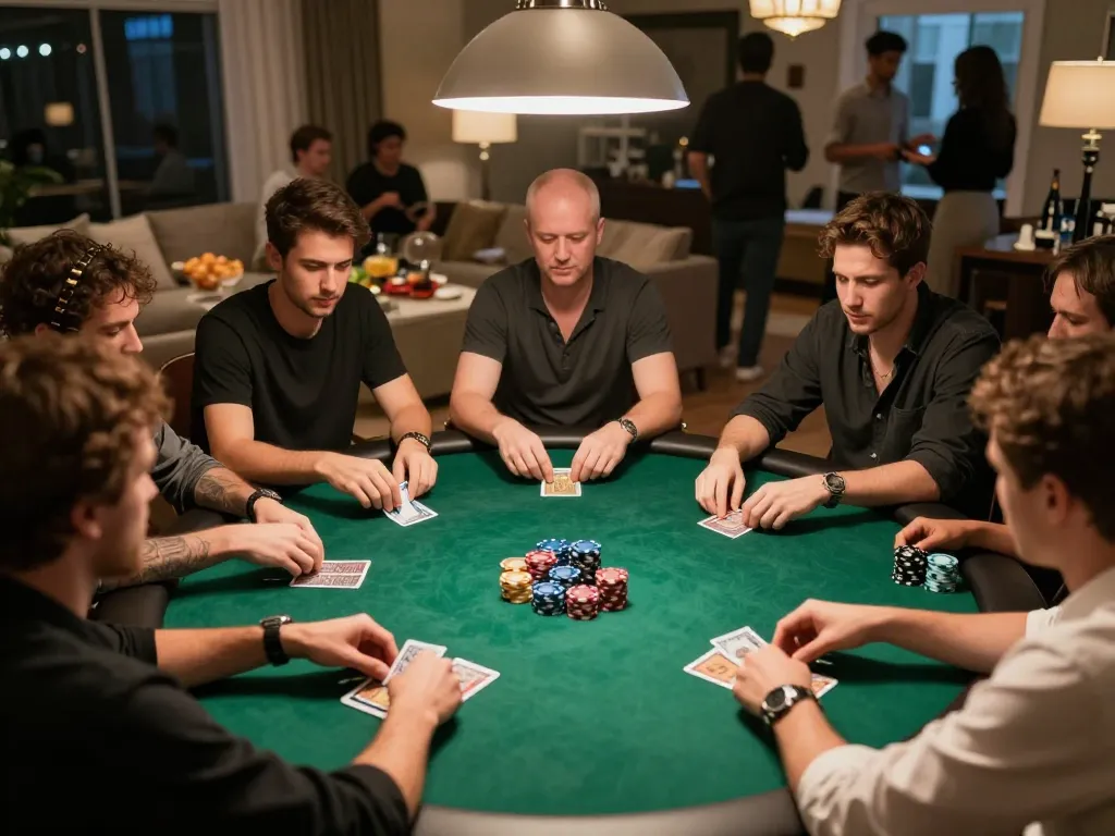 Players engage in a strategic poker game at home, highlighting 68gamebaivn and the excitement of friendly competition.