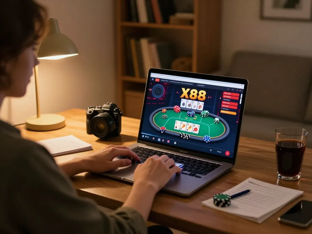 Player engaging in X88 online casino game from home, showcasing vibrant poker action and strategy notes