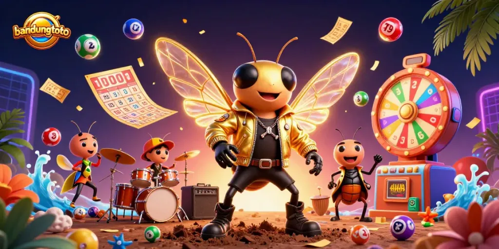 Engage with bandungtoto in a vibrant, dynamic casino scene filled with lottery excitement and electric characters.