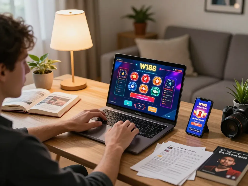 Player engaging with W188 online games on laptop, showcasing a cozy home gaming setup