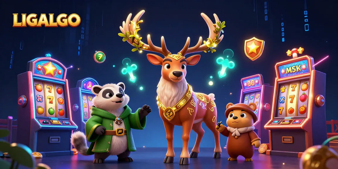 LIGALGO showcases a magical casino scene with a druid stag and badger surrounded by vibrant slot machines.