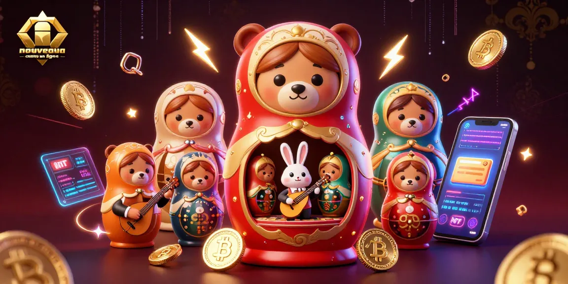 Visualisez un nouveau casino en ligne avec des ours et un lapin, ambiance festive et éléments de crypto-monnaie.