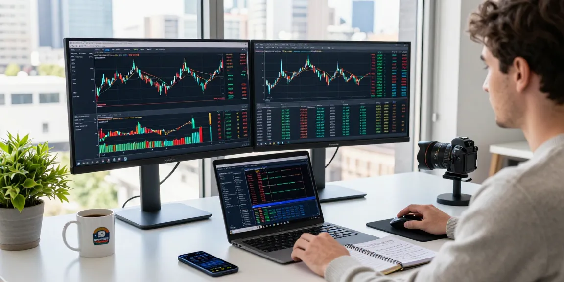 使用TradingView进行股票和加密货币交易的交易员在现代化工作空间内，显示实时图表和技术指标。