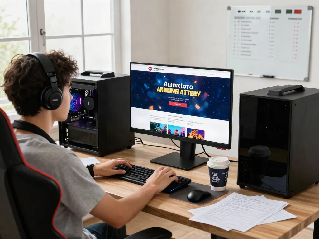 Engaged gamer exploring amanahtoto online lottery site in a vibrant home office.