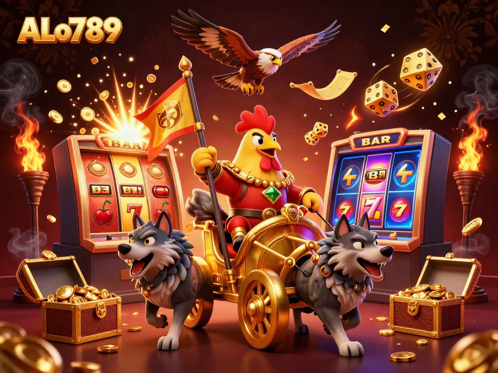 Engage in winnings at ALo789 with a dynamic 3D casino scene featuring a rooster warlord and exciting game elements.