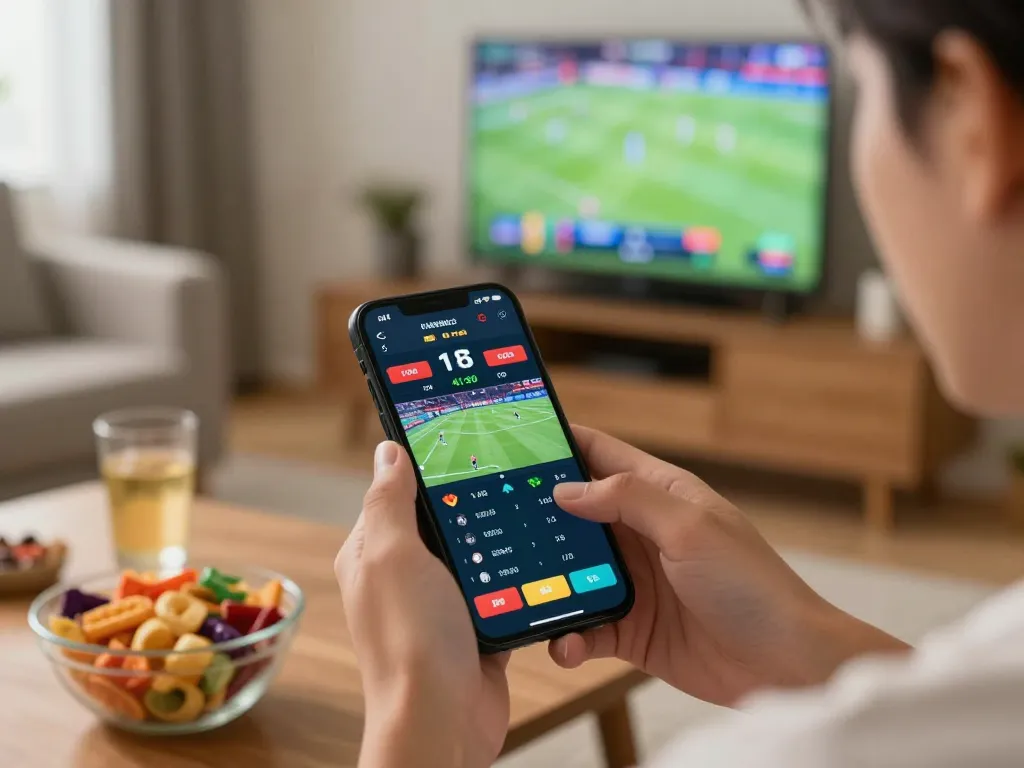 Engaging moment of placing a bet on sky88 club using a smartphone in a cozy living room.
