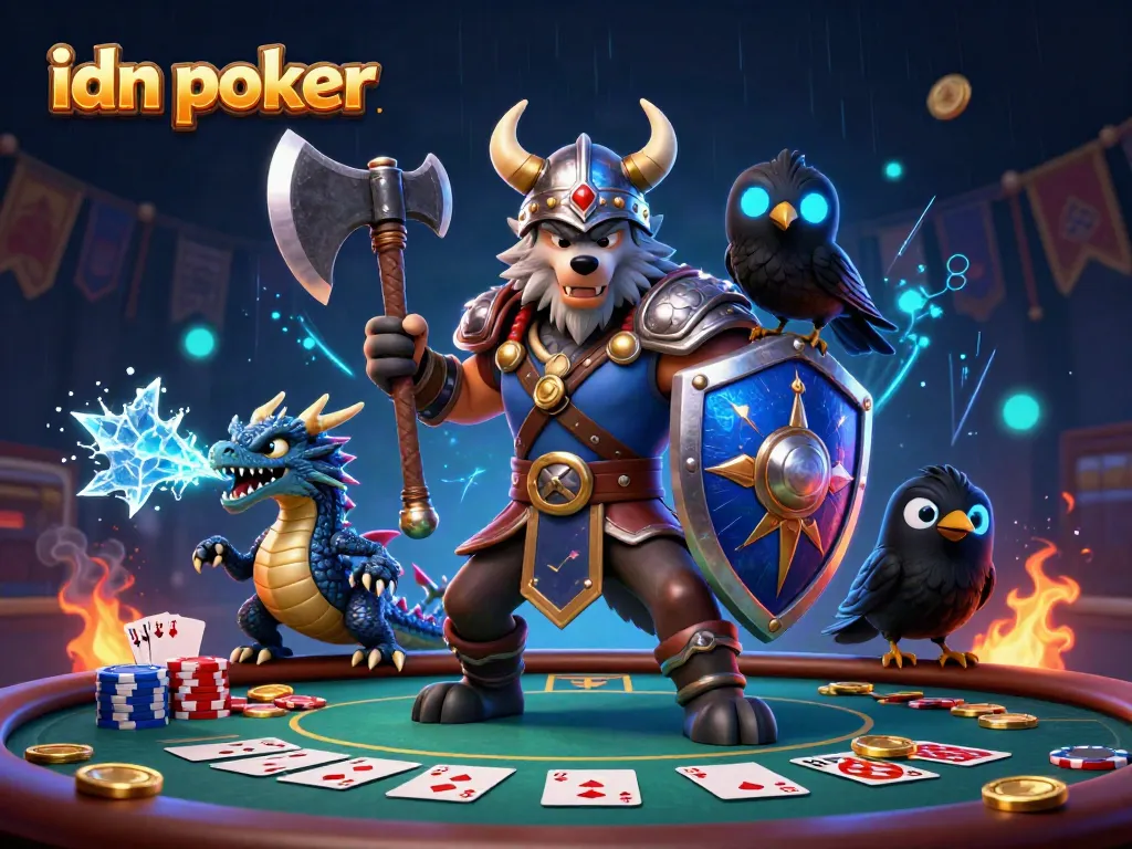 Mengikuti ide permainan idn poker dengan karakter kartun Viking, naga, dan burung gagak di arena judi.