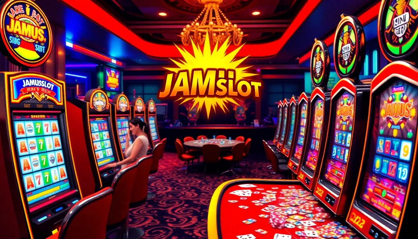Experience the excitement of JAMUSlot games in a luxurious casino setting with vibrant slots and lively players.