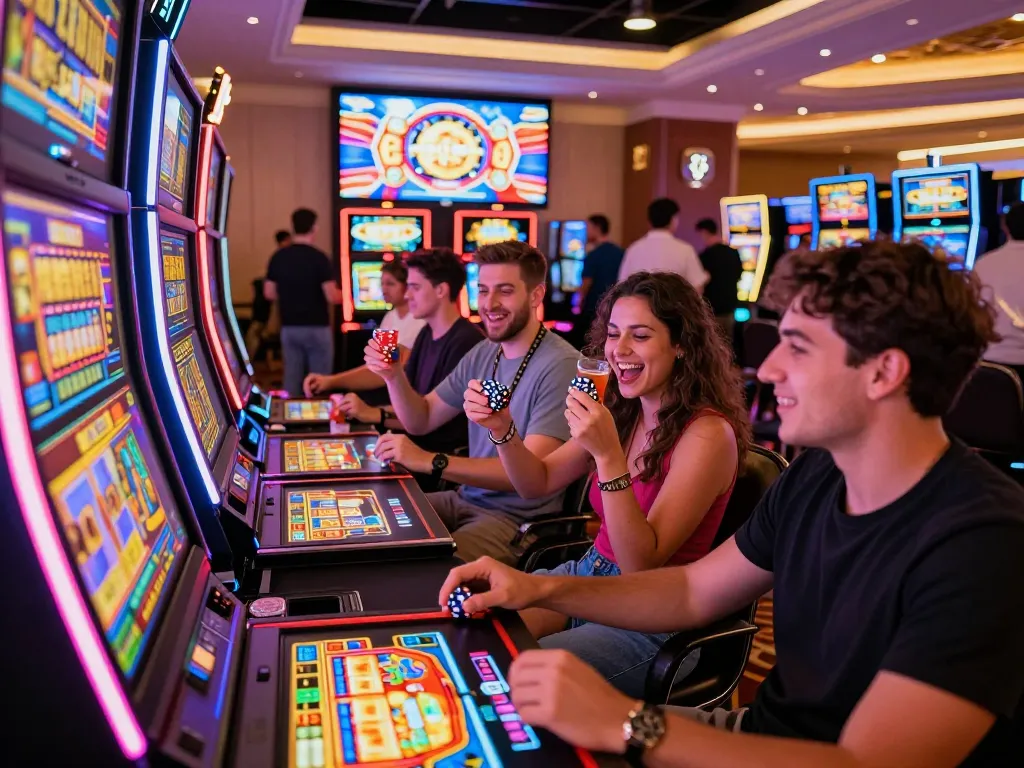 Excited group playing slot bet 200 machines in vibrant casino.