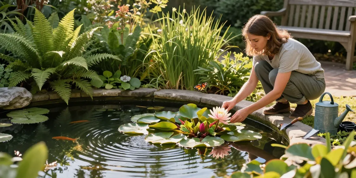 Pond Plants enthusiasts examining vibrant water lilies in a serene home garden pond.