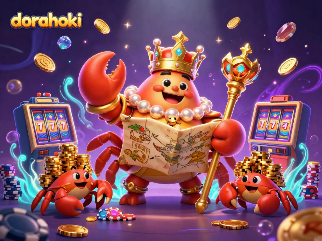Dorahoki menghadirkan ilustrasi kasino bawah laut dengan kepiting emas dan harta karun yang mengasyikkan.