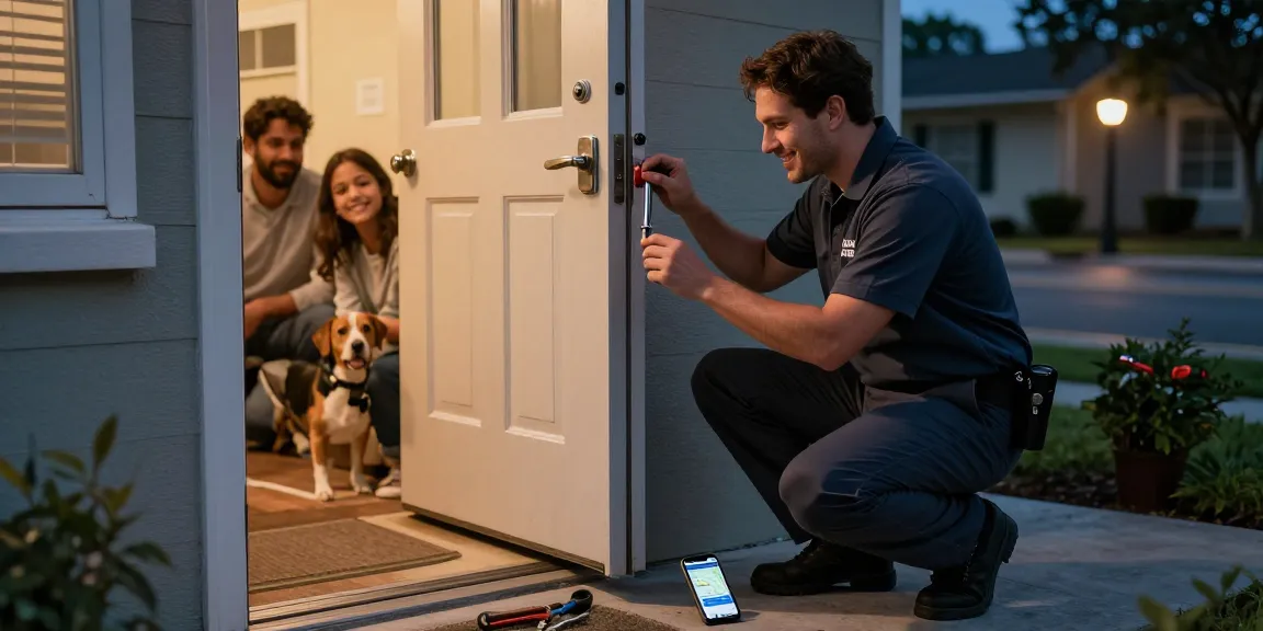 Fort Lauderdale locksmith providing emergency services at a residential property, showcasing professionalism and reliability in a late-night situation.