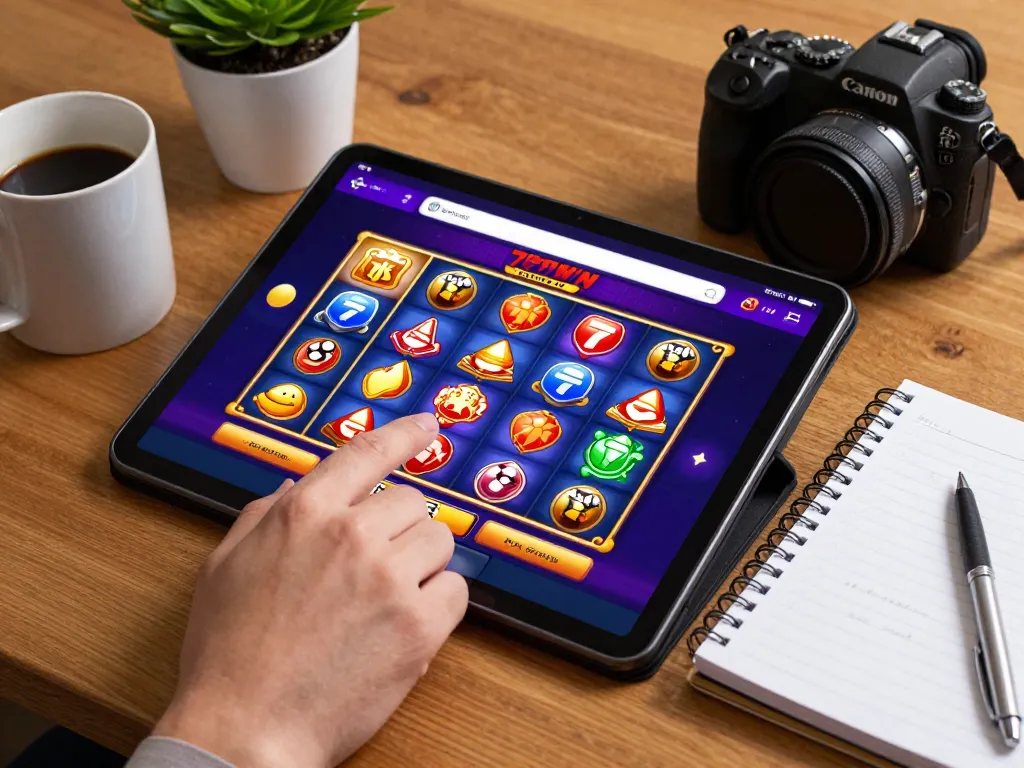 Online gambling experience with 789Win app on tablet, featuring colorful slot game.